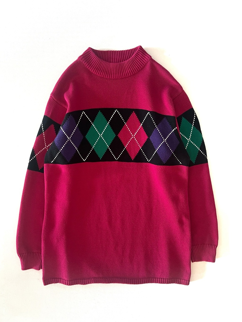 Vintage Lizsport Argyle Preppy Pink Sweater Cotton Knit Size Medium